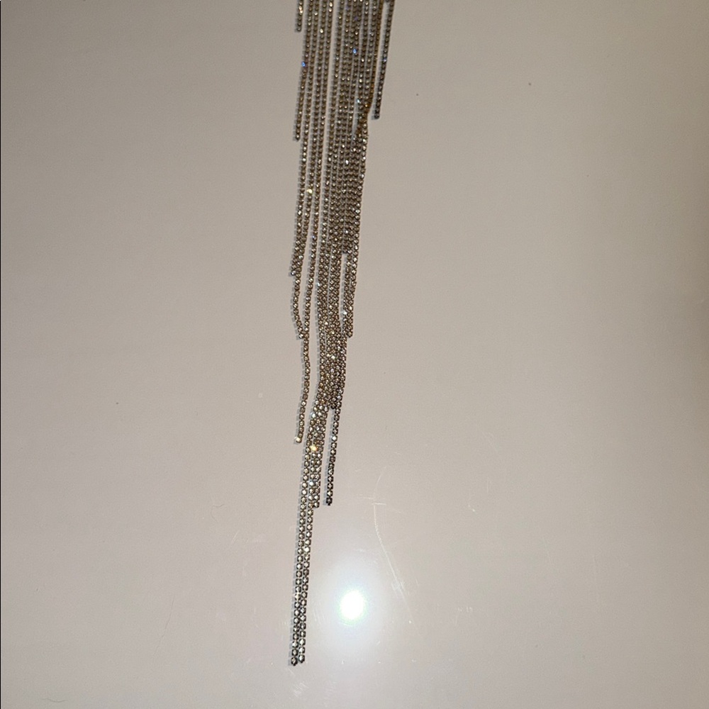 Silver Chain Fringe Necklace Chocker with Multiple Chains and Rhinestones. 23” - Picture 8 of 10